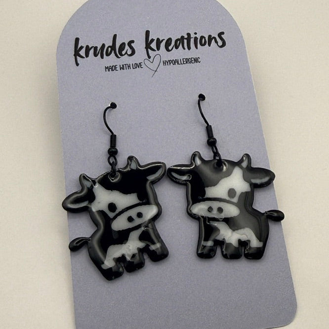Glossy Moo Moo Cow Earrings – 3D Printed & UV Resin Coated