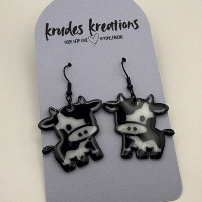 Glossy Moo Moo Cow Earrings – 3D Printed & UV Resin Coated
